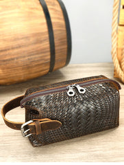 Braided Pattern Leather Toiletry Bag Men's Brown Leather Toiletry Bag Full Grain Leather Toiletry Bag - iwalletsmen