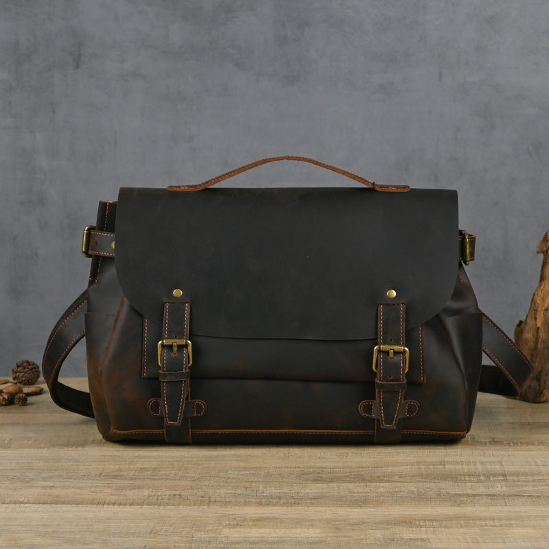 Vintage Dark Brown Leather Mens 14 inches Briefcase Black Work Briefcase Handbag For Men