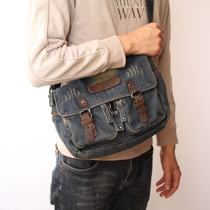 Blue Denim Mens Small Side Bag Denim Small Messenger Bag Vintage