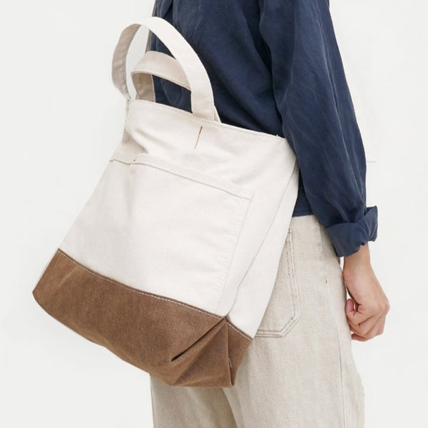 White&Khaki Canvas Shoulder Tote Bag