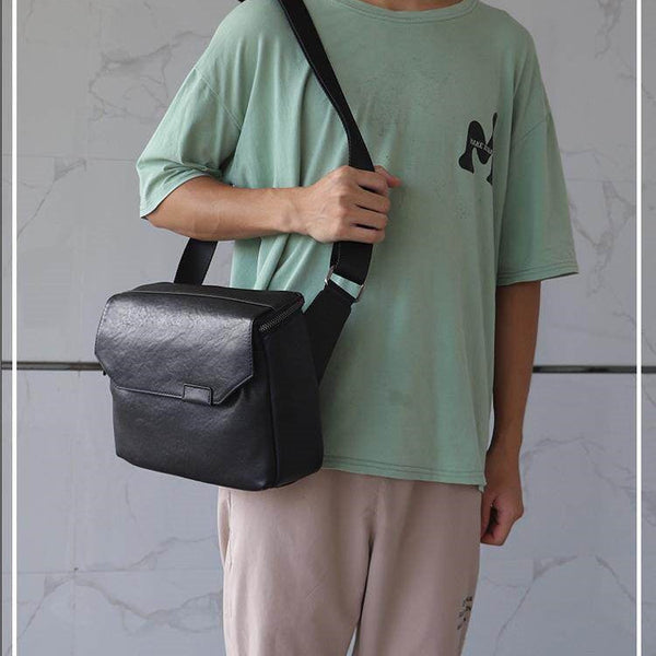 Black Leather Messenger Bag with Flap 