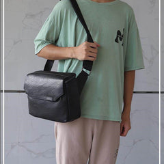 Black Leather Messenger Bag with Flap 