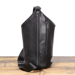 Full Grain Leather Sling Bag Black Barrel Sling Bag for Men - iwalletsmen