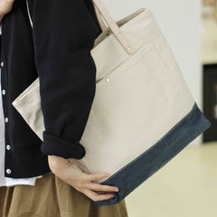 Women White Beige&Navy Canvas Shopper Tote Bags Canvas Tote Shoulder Bag Handbag for Mens