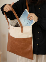 White&Brown Canvas Tote Bag Canvas Leather Handbag Womens Canvas Leather Totes Bag for Men