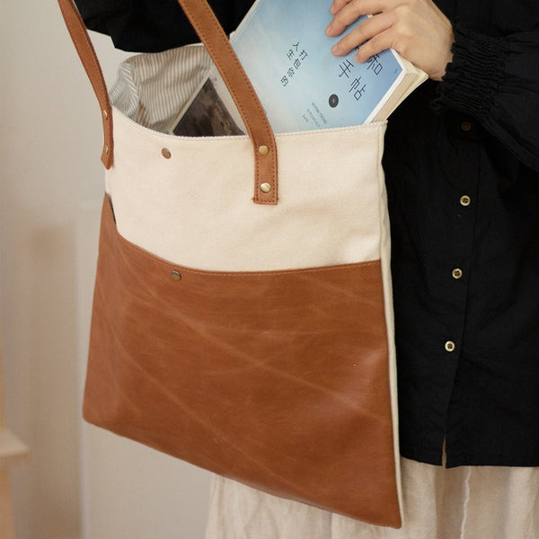 Tote Bags White&Brown Canvas Leather Handbag