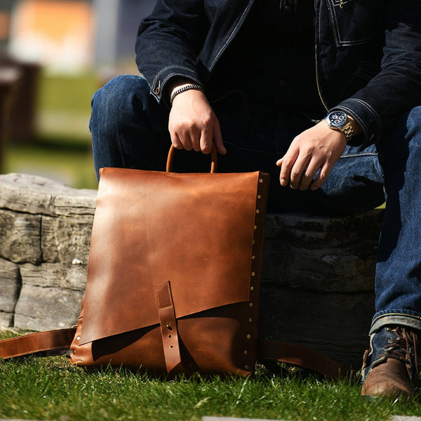 Vintage Cool Brown Leather Backpack Handmade Mens Unique Leather School Backpack for Men