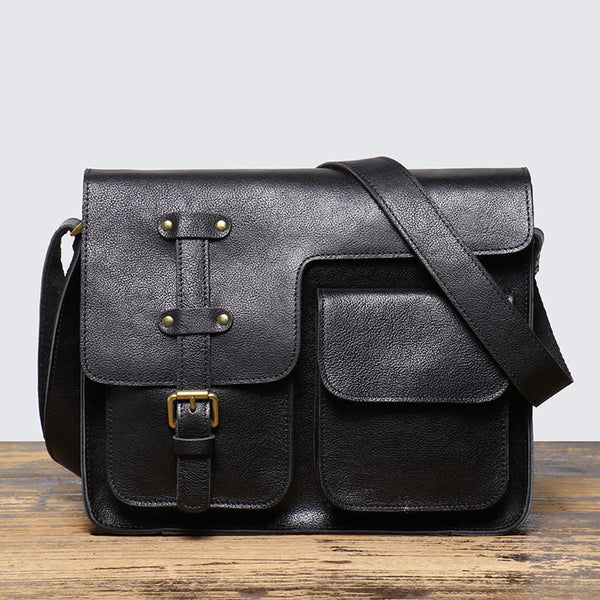 Black Leather Messenger Bag with Flap A4 Black Flap Messenger Bag for Men - iwalletsmen