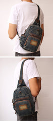 Blue Denim Mens Sling Bag Cool Chest Bag Vintage Blue Denim Sling Bag For Men