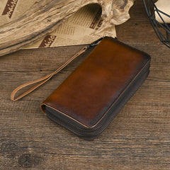 Leather Double Zip Around Wallet for Men Long Mens Double Zip Wallet Wristlet - iwalletsmen