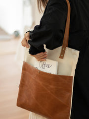 White&Brown Canvas Tote Bag Canvas Leather Handbag Womens Canvas Leather Totes Bag for Men