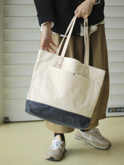 Women Beige&Navy Canvas Shopper Tote Bags Canvas Tote Shoulder Bag Handbag for Mens
