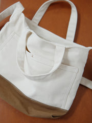 White&Khaki Canvas Shoulder Tote Bag