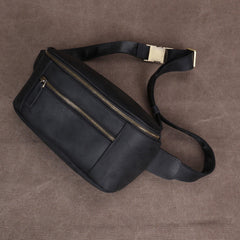 Black Leather Waist Bag for Men