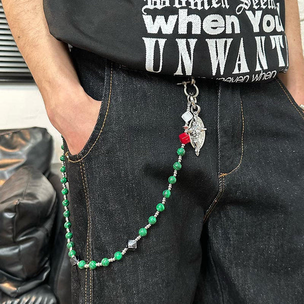 Beaded Wallet Chain Green Stone Long Bead Wallet Chain for Women - iChainWallets