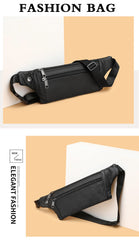 Black leather waist bag two-pose display, side and front views on beige geometric background