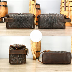 Braided Pattern Leather Toiletry Bag Men's Brown Leather Toiletry Bag Full Grain Leather Toiletry Bag - iwalletsmen