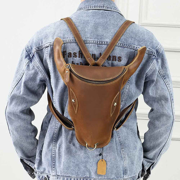 Brown Ox Bull Head Leather Backpack Mens Cool Leather Backpack - iwalletsmen