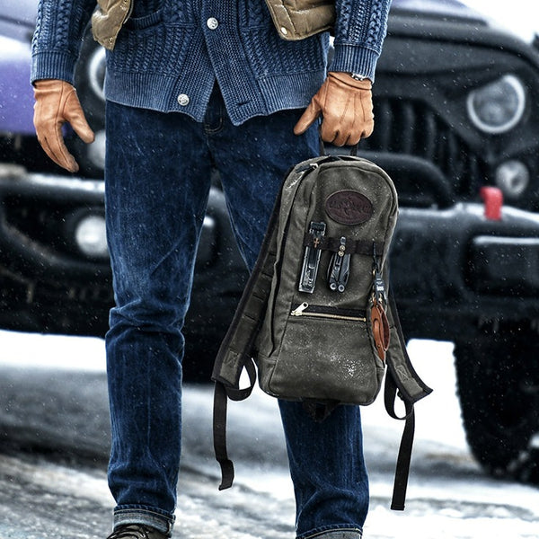 Army Green Canvas Mens Waterproof Slim Backpack Waxed Canvas Backpack for Men
