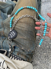 Cyan Blue Double Wallet Chain Beaded Pants Chain Double Pants Chain - iChainWallets
