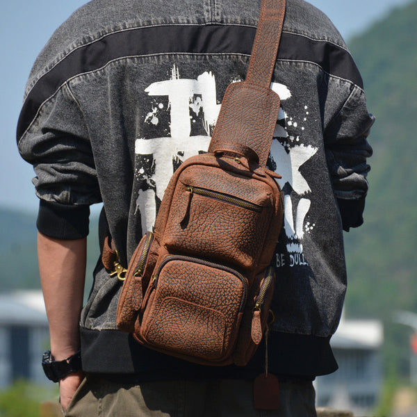 Dark Brown Leather Sling Backpack for Men 