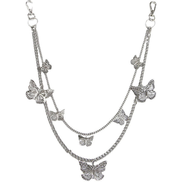 Cute Womens Butterfly Jeans Chain Silver Double Layers Butterfly Wallet Chains Panties Chain For Men