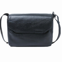 Black Leather Messenger Bag with Flap 