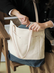 Women Beige&Navy Canvas Shopper Tote Bags Canvas Tote Shoulder Bag Handbag for Mens