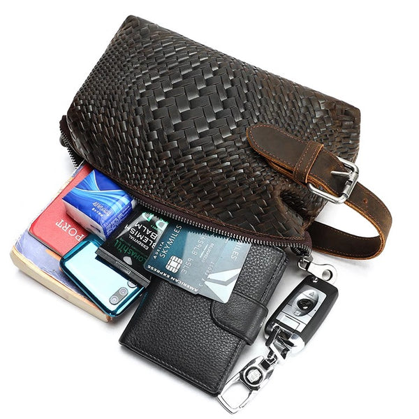 Braided Pattern Leather Toiletry Bag Men's Brown Leather Toiletry Bag Full Grain Leather Toiletry Bag - iwalletsmen