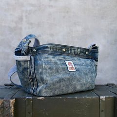 Vintage Blue Denim Messenger Bag - front view - iwalletsmen