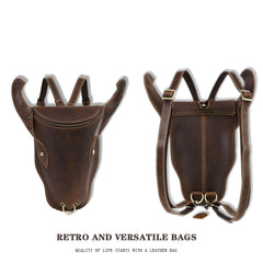 Brown Ox Bull Head Leather Backpack Mens Cool Leather Backpack - iwalletsmen