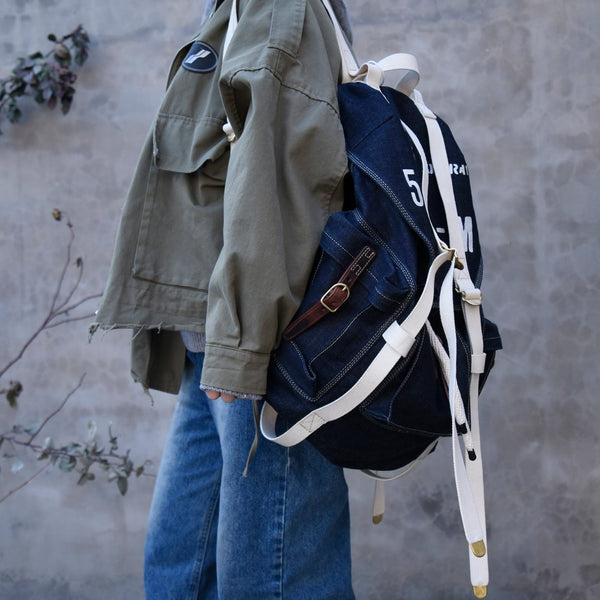 Blue Jean Backpack Mens Huge Backpack Large Blue&White Denim Backpack for Men - Feltify