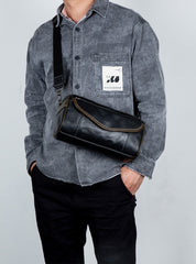 Black Barrel Leather Bag Mens Barrel Crossbody Bag Barrel Shoulder Bag for Men - iwalletsmen