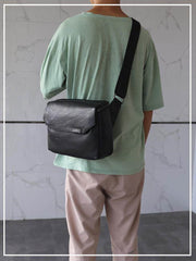Black Leather Messenger Bag with Flap 