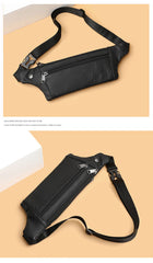 Black leather waist bag flat-lay and front view showing zippers and buckle strap, tan background