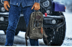 Army Green Canvas Mens Waterproof Slim Backpack Waxed Canvas Backpack for Men