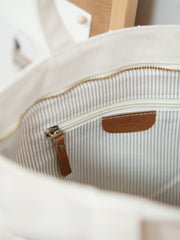 Inside zipper closure of White&Khaki Canvas Shoulder Tote Bag