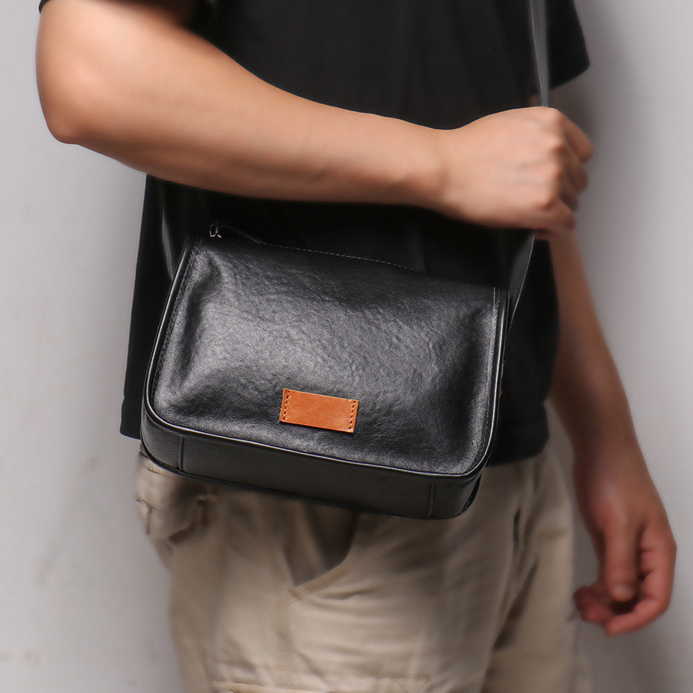 Mens Black Leather Crossbody Bag 
