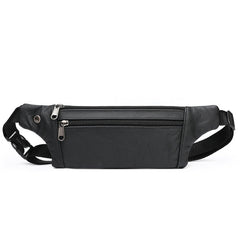 Black leather waist bag full front face with two zippered compartments, straight-on view