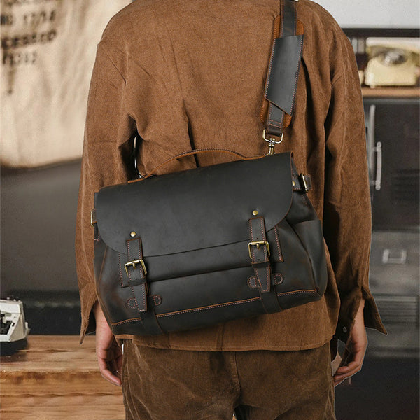 Vintage Dark Brown Leather Mens 14 inches Briefcase Black Work Briefcase Handbag For Men