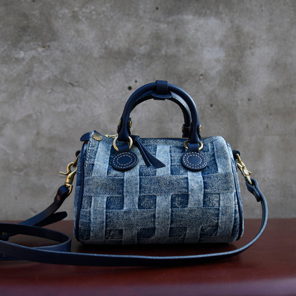 Denim Handbags for Women Blue Denim Boston Crossbody Bag for WOmen - Feltify