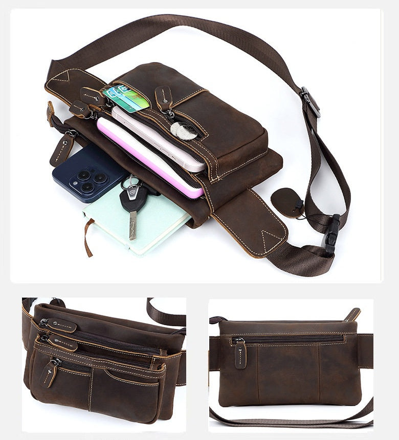 Dark Brown Leather Waist Bag for Men Vintage Small Leather Waist