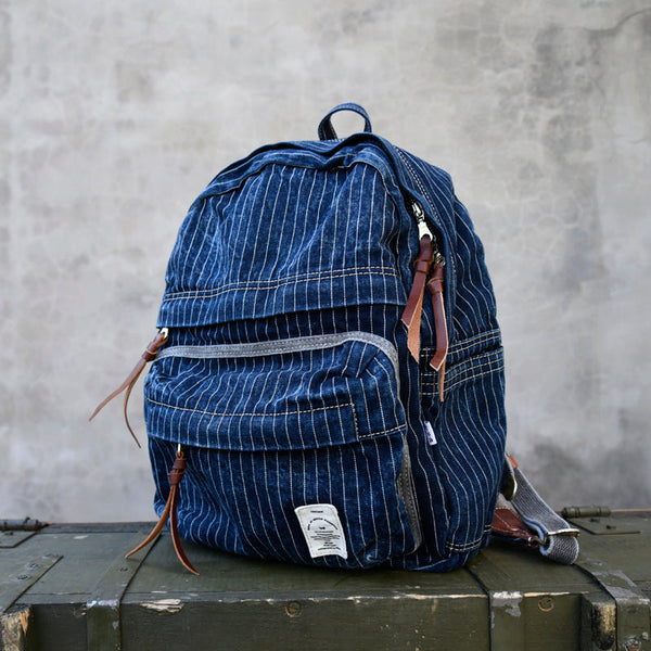 Blue Denim Backpack for Women Striped Jean Backpack Mens Striped Backpack - Feltify