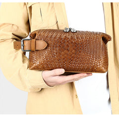 Braided Pattern Leather Toiletry Bag Men's Brown Leather Toiletry Bag Full Grain Leather Toiletry Bag - iwalletsmen