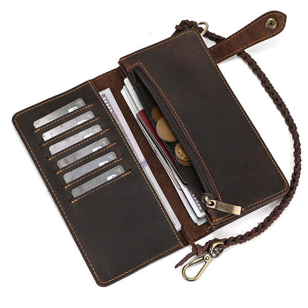Brown Leather Biker Wallet Biker Chain Wallet with Briaded Leather Wallet Chain - iwalletsmen