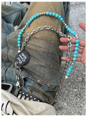 Cyan Blue Ball Wallet Chain Double Wallet Chain Beaded Pants Chain Double Pants Chain - iChainWallets