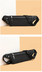 Black leather waist bag front and angled views propped against white corner, split tan and white background