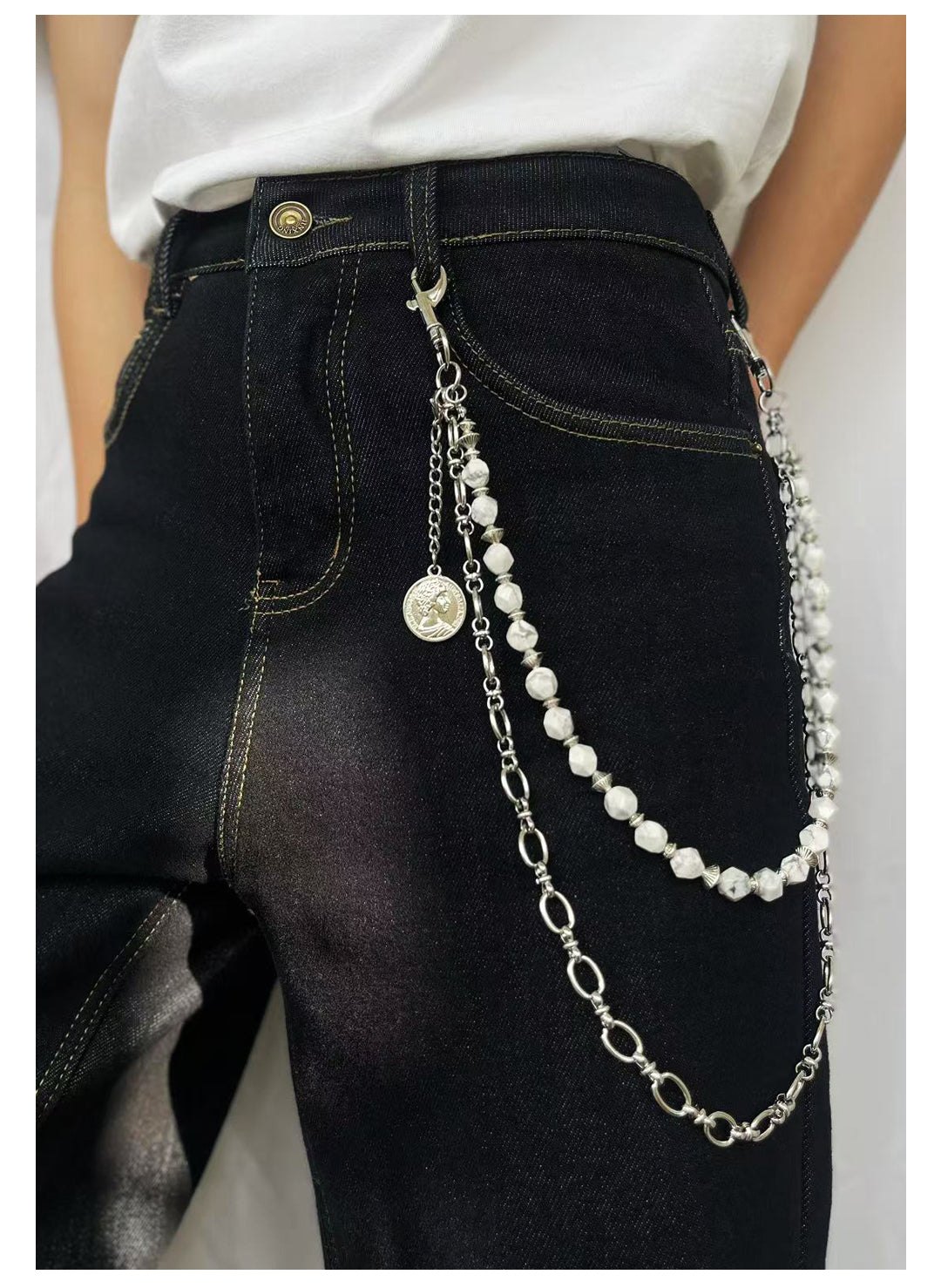 White Turquoise Beaded Wallet Chain Beaded Pants Chain Double Wallet Chain - iChainWallets
