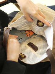 Khaki Canvas Splicing Tote Bag Canvas Womens Handbag Canvas Tote Shoulder Bag for Men Women