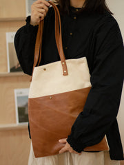 White&Brown Canvas Tote Bag Canvas Leather Handbags Womens Canvas Leather Totes Bag for Men